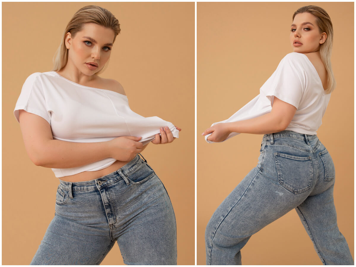 Modelka plus size ubrana w biały t-shirt basic i jeansy
