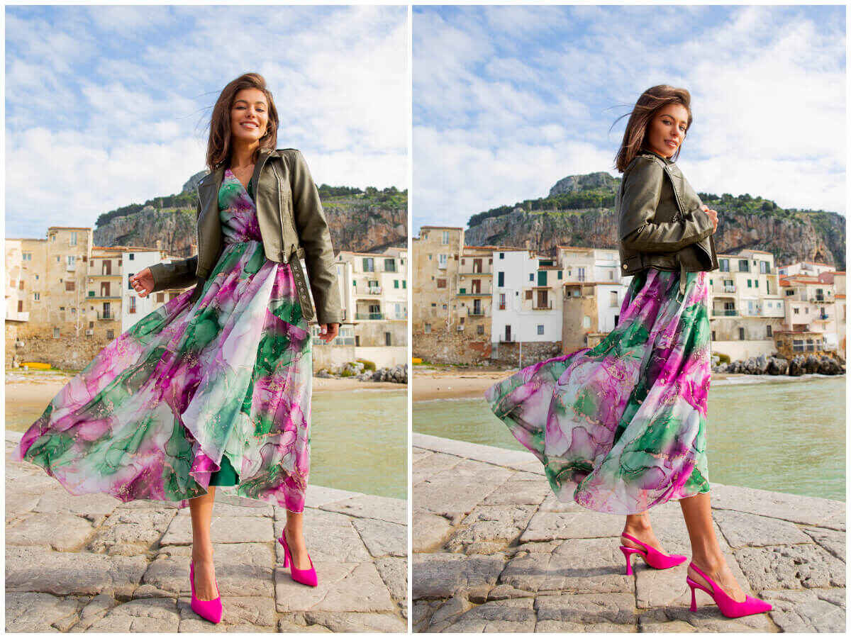 Modna sukienka maxi z printem w kolorach wiosny