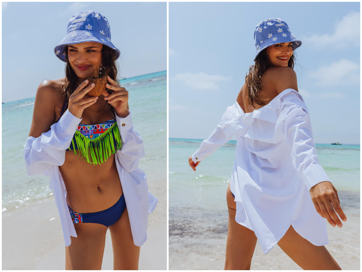 Beachwear z damską koszulą i dwuczęściowym strojem kąpielowym
