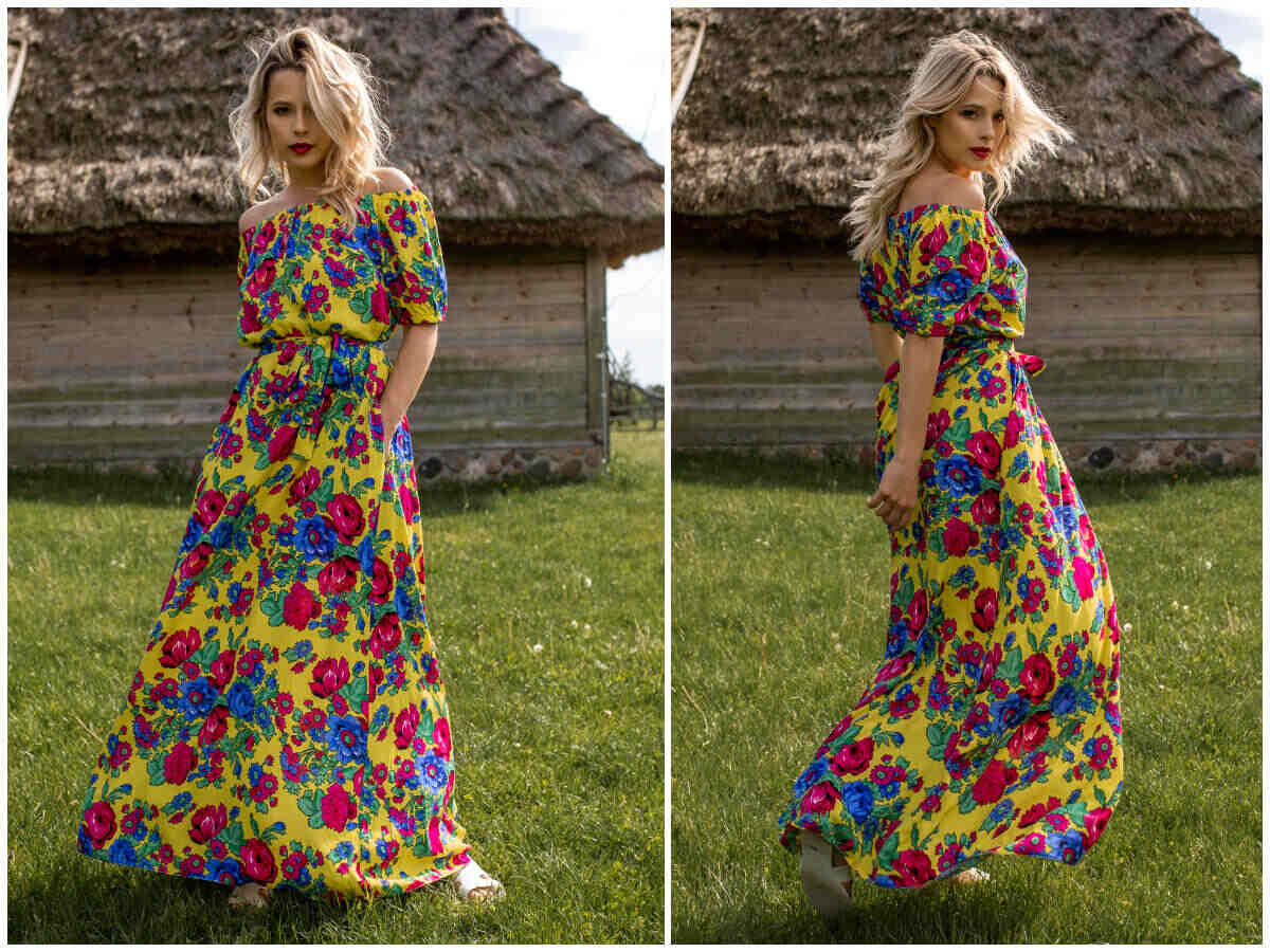 Letnie sukienki maxi w kwiaty z hiszpańskim dekoltem.