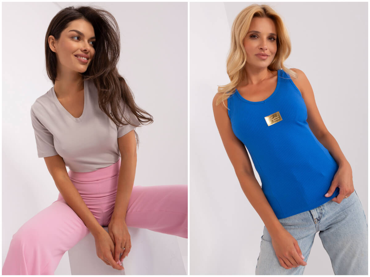 Koszulki damskie w różnych krojach i kolorach.