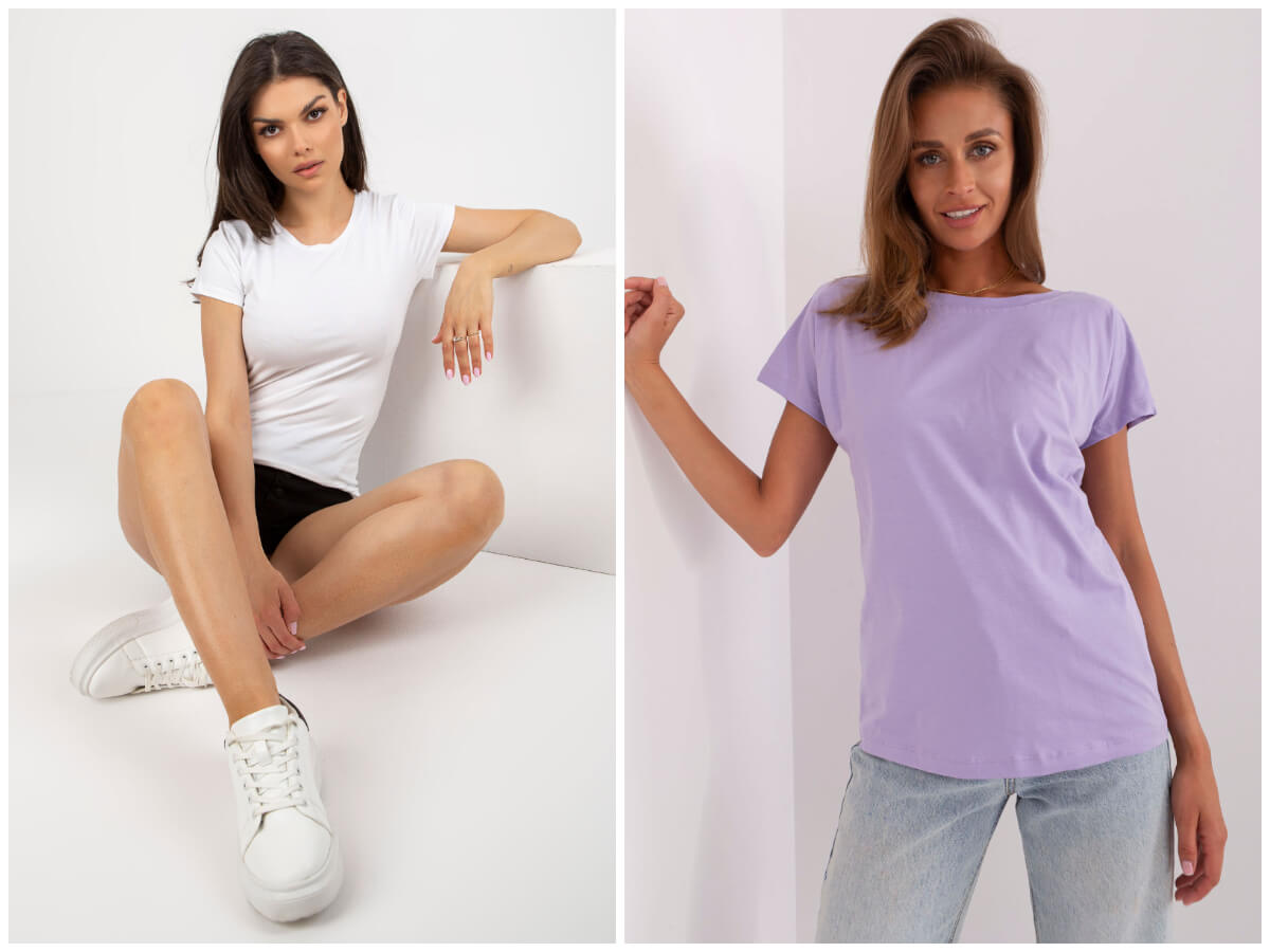 T-shirty damskie basic w stylizacjach z szortami i jeansami.