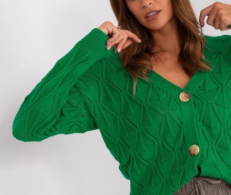Zielony ażurowy sweter rozpinany z dekoltem V RUE PARIS